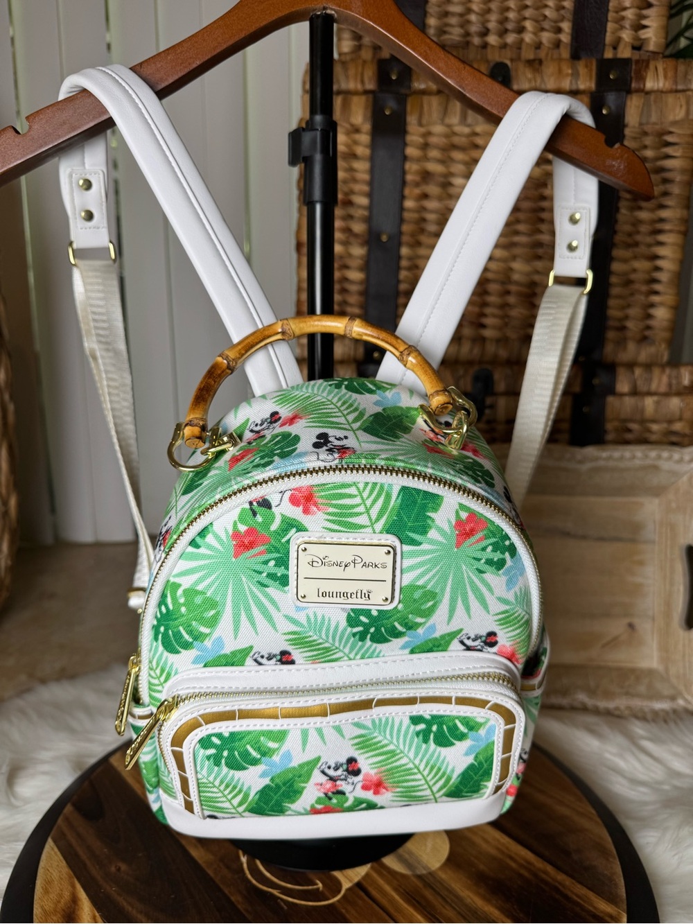 Disney White & Green Tropical Mickey Mini Backpack with Bamboo Handle
